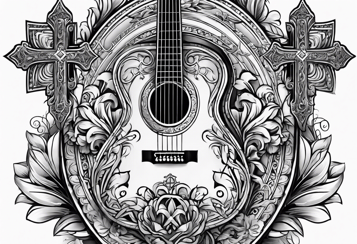 Detailed Christian Cross with acoustic guitar blended in tattoo idea