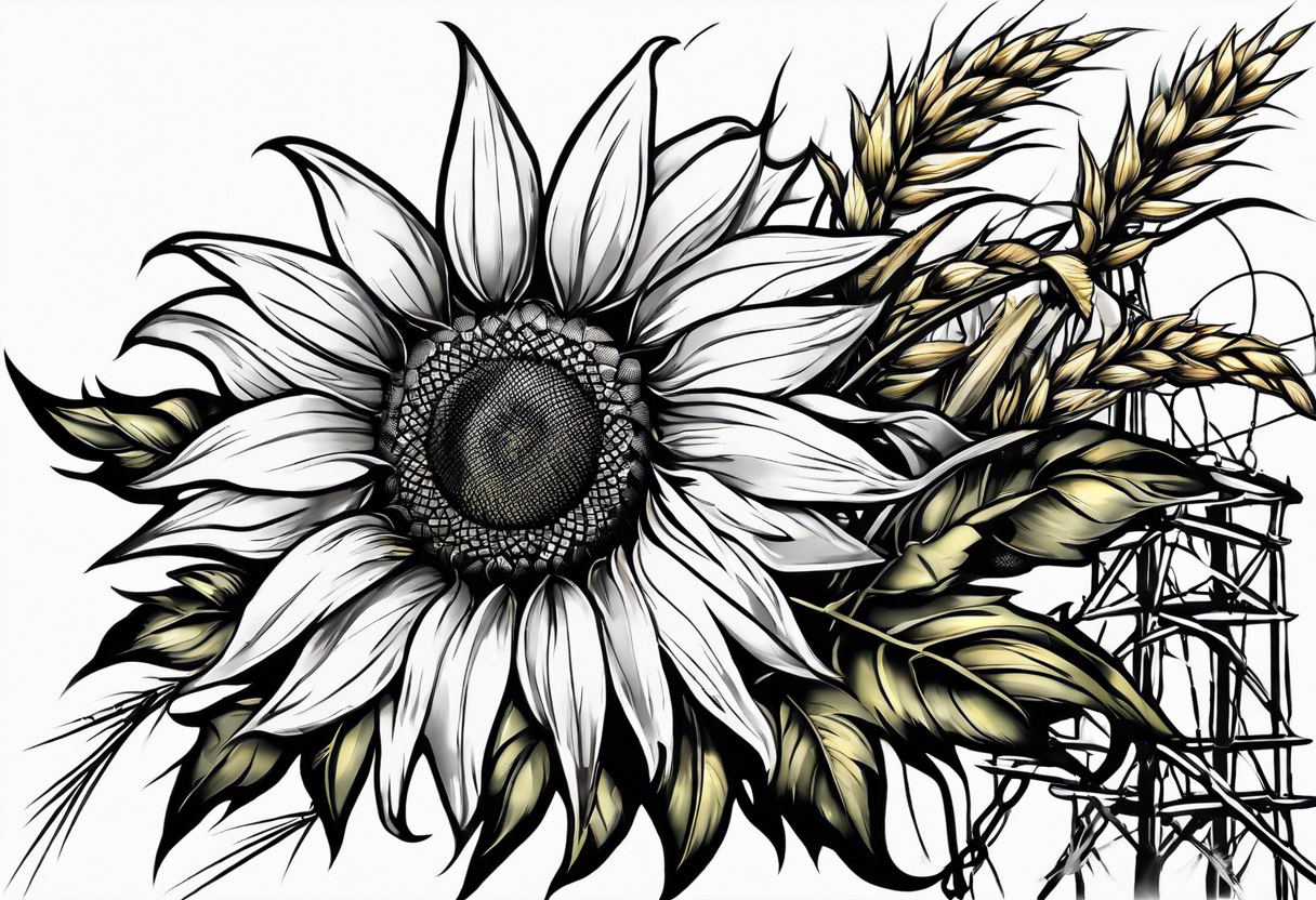 Sunflower, wheat, and barbed wire half sleeve tattoo idea