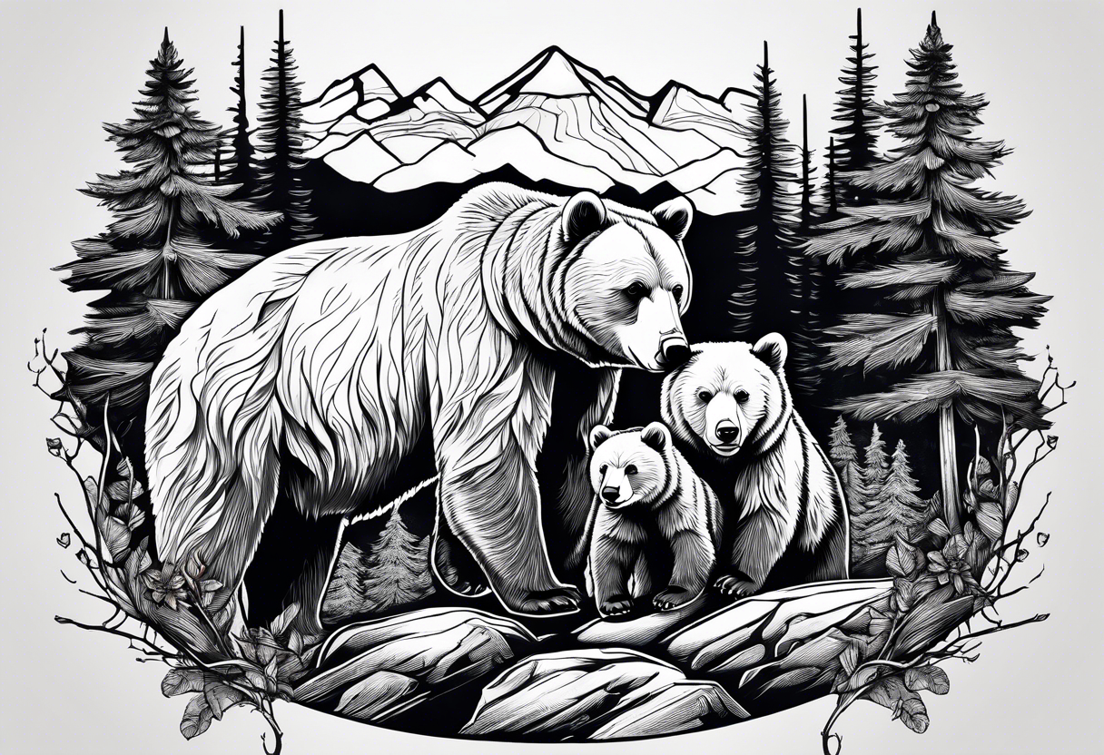 Momma bear and teen cub in the mountains tattoo idea