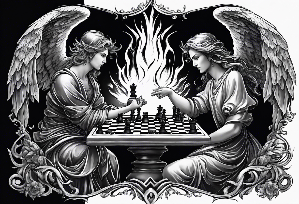 Depict an angel and demon playing chess on a board that morphs from celestial clouds to fiery inferno, representing the merging of the spiritual realms in the eternal game. tattoo idea