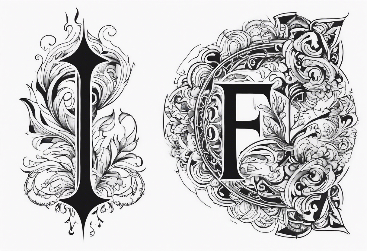 A backwards capital F next to a capital P with design elements around it. The left side should have elements of fire. The right side should have something that is fireproof or the opposite of fire. tattoo idea