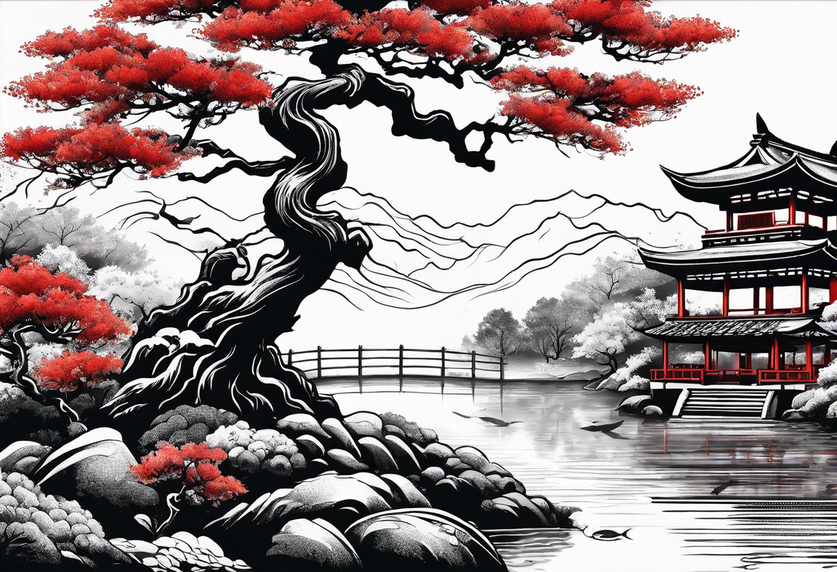 Red japanese oak tree next to a river with koi fish in the water tattoo idea