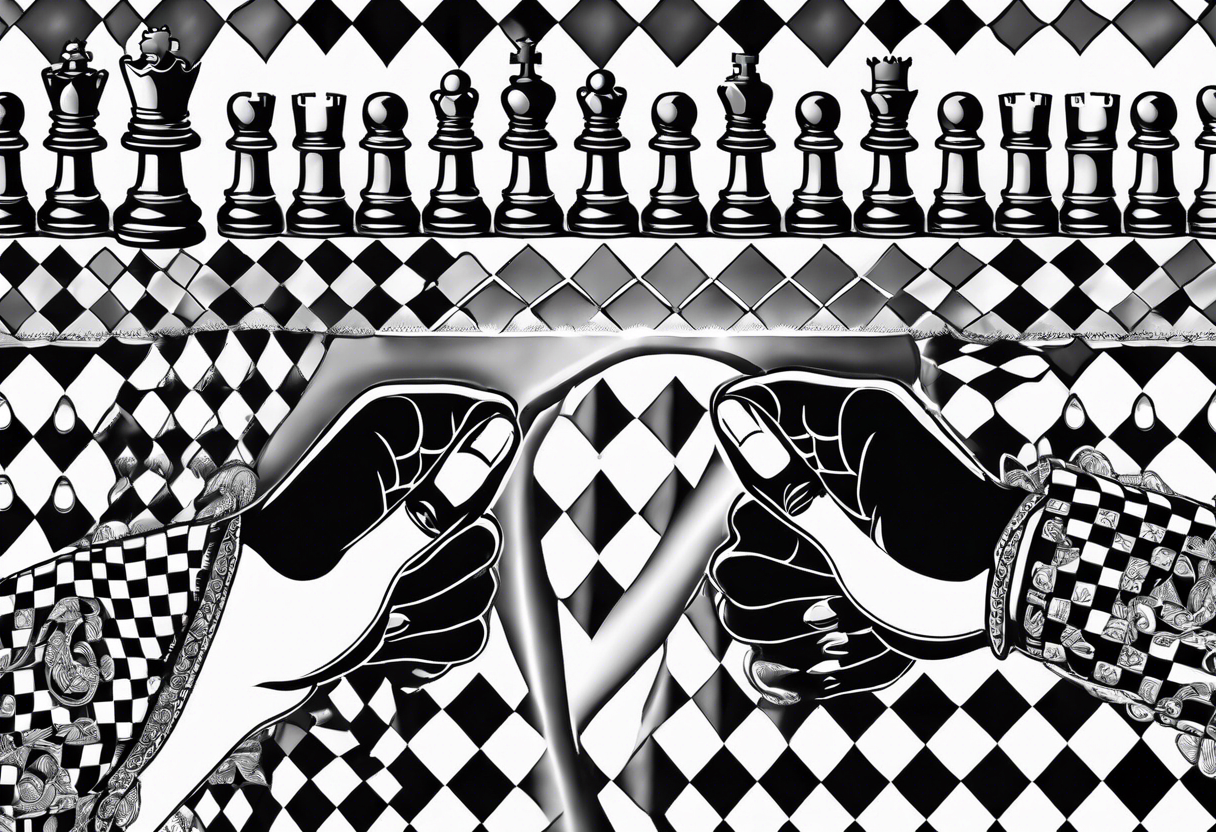 narrow rectangle strip made of chess queens and pawns holding hands tattoo idea