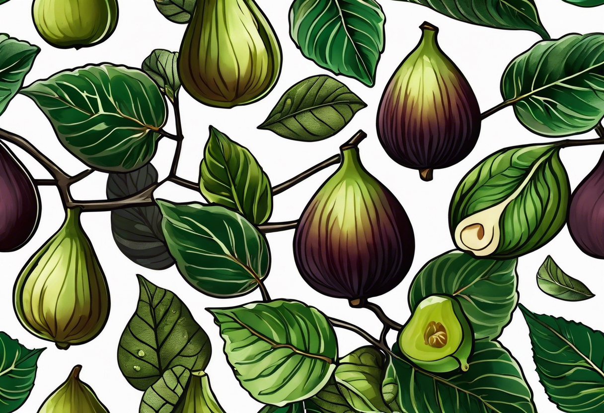 A fig branch with 3 greenish-brown fruits and multiple fig leaves tattoo idea