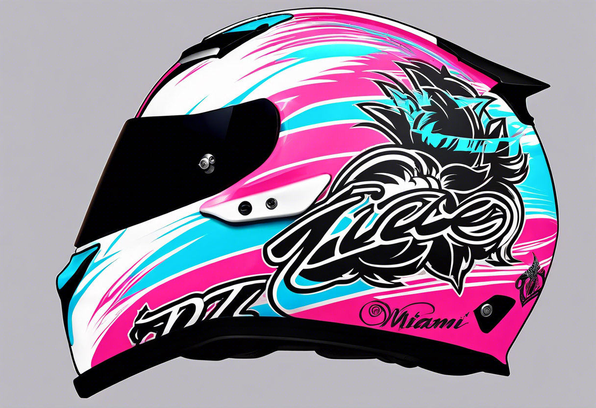 formula 1 helment with miami name a palm three and black light blue and pink colors tattoo idea