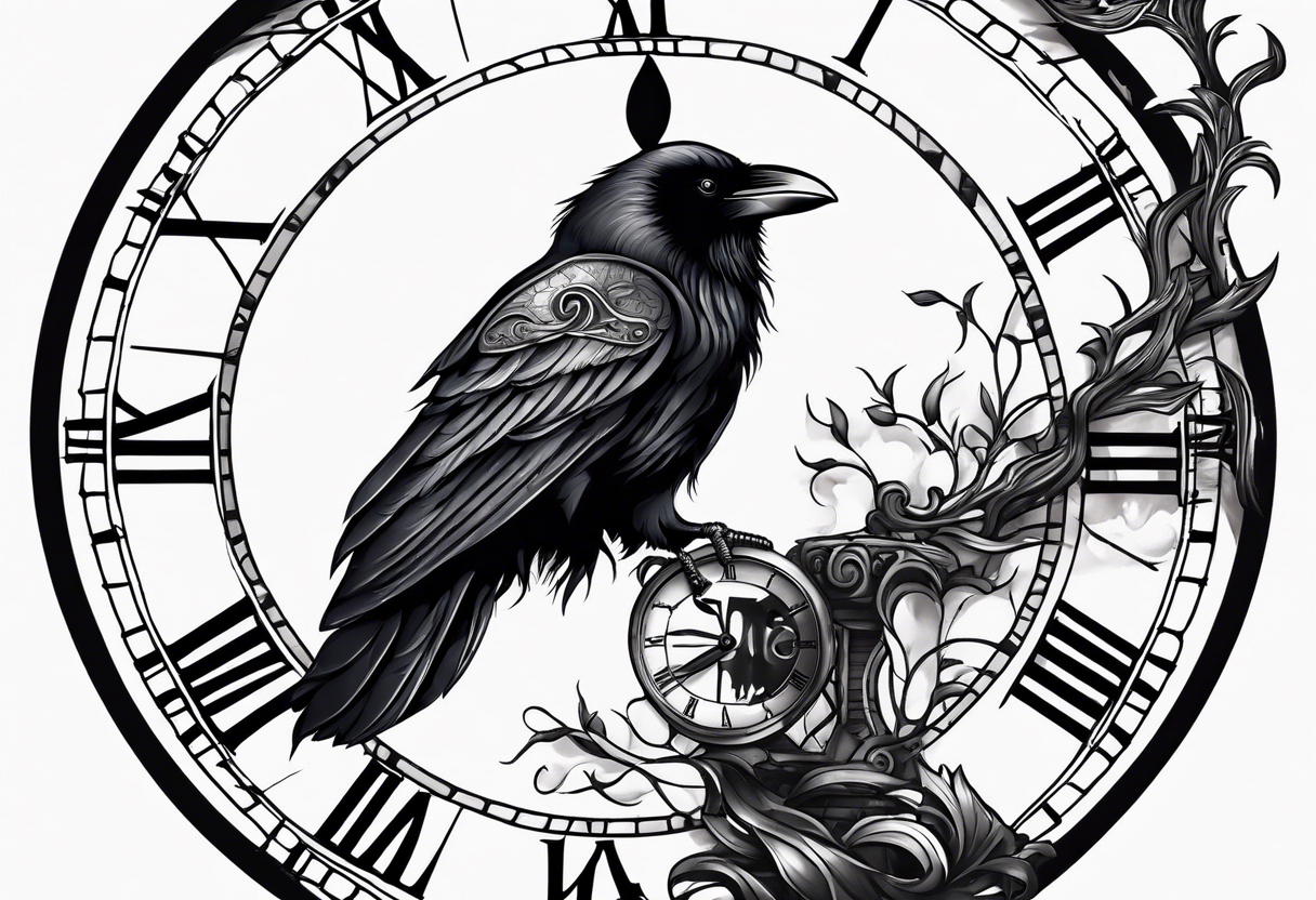 raven perched on clock tattoo idea