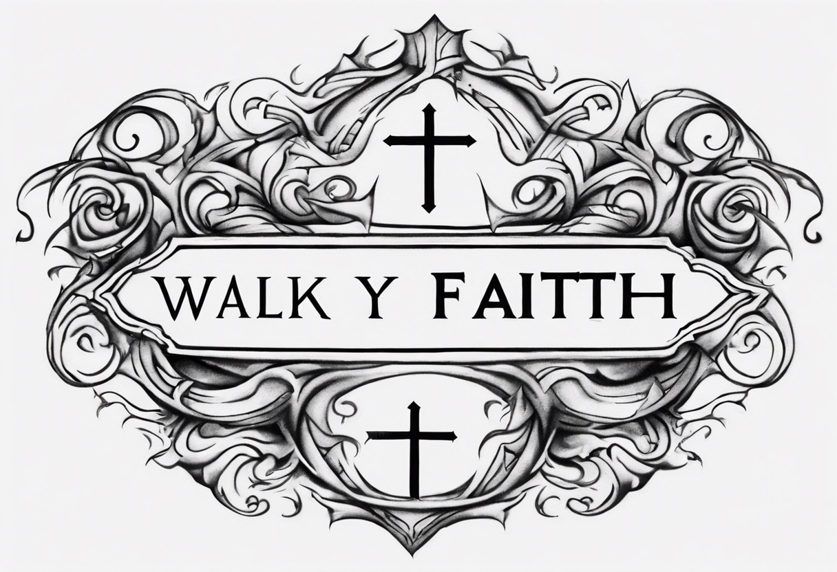 Horizontal inner bicep tattoo. “walk by faith, not by sight” stairwell wrapping around the quote. This design captures the essence of the journey guided by faith. tattoo idea