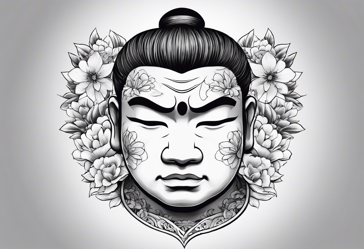 solemn sumo wrestler face with flowers around tattoo idea