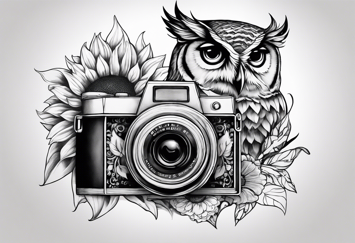 sunflower, camera, water wave, owl, book tattoo idea