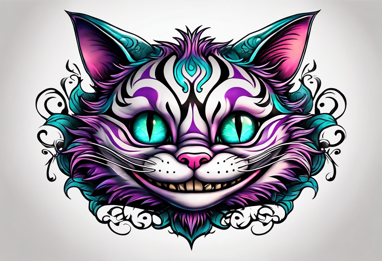 the whole body of the cheshire cat with head turned upside down tattoo idea