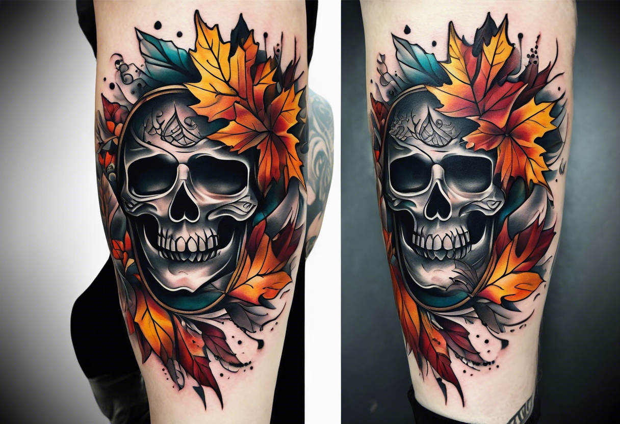 knee tattoo in fall color masculine design, no faces tattoo idea