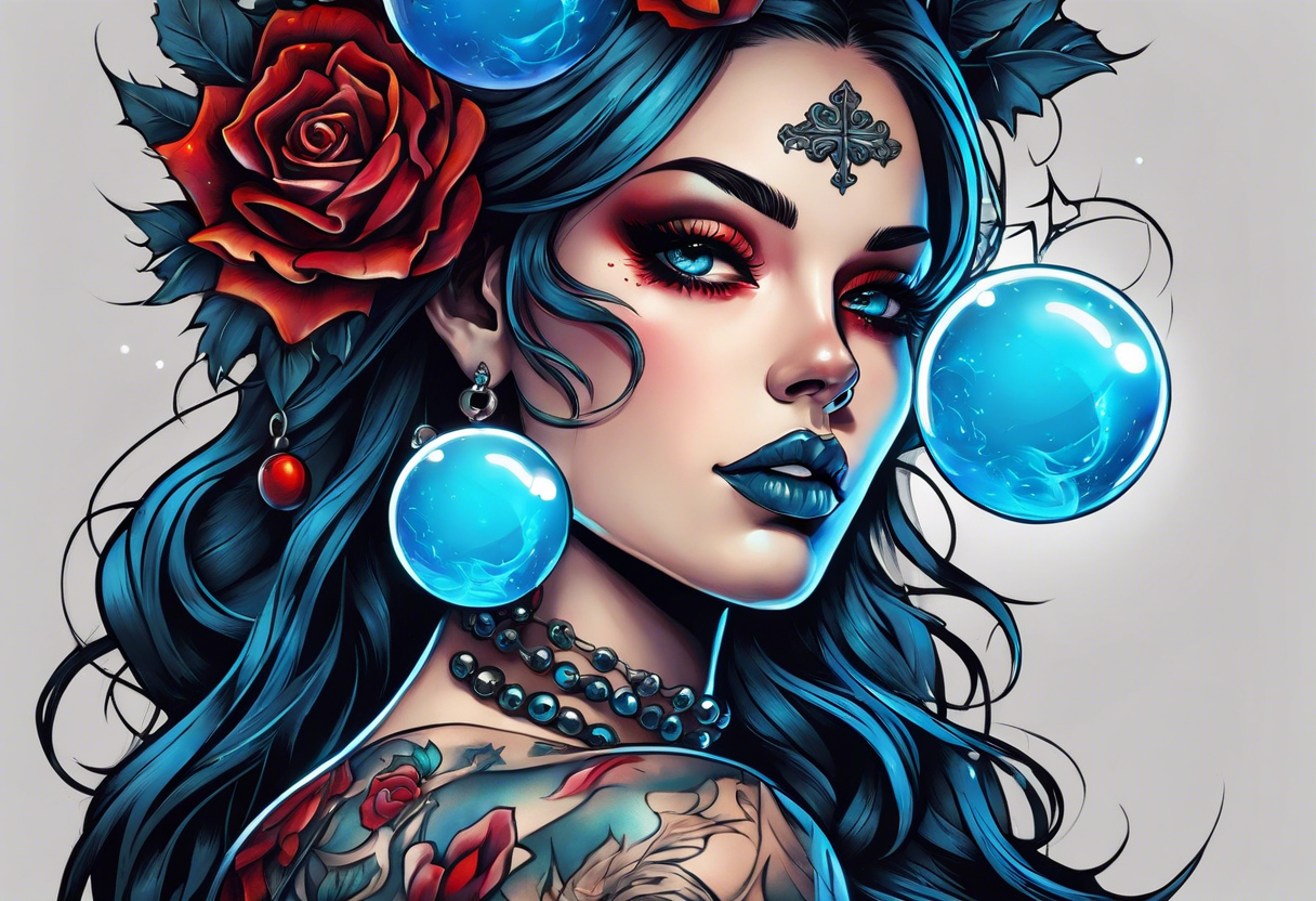 Bright bold Neo traditional tattoo woman with skulls and blood Holding a blue glowing sphere. Crosses for eyes tattoo idea