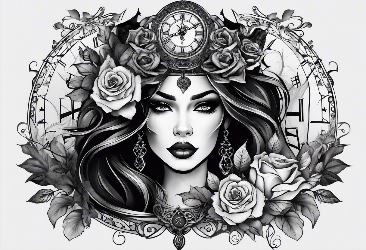 A feminine arm sleeve with a black witchy woman with smoky eyes, a granddaddy clock with roses and a lion queen tattoo idea