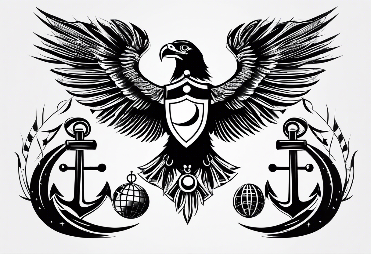 minimalist tribal tattoo with an eagle, globe, and anchor infused with the art tattoo idea