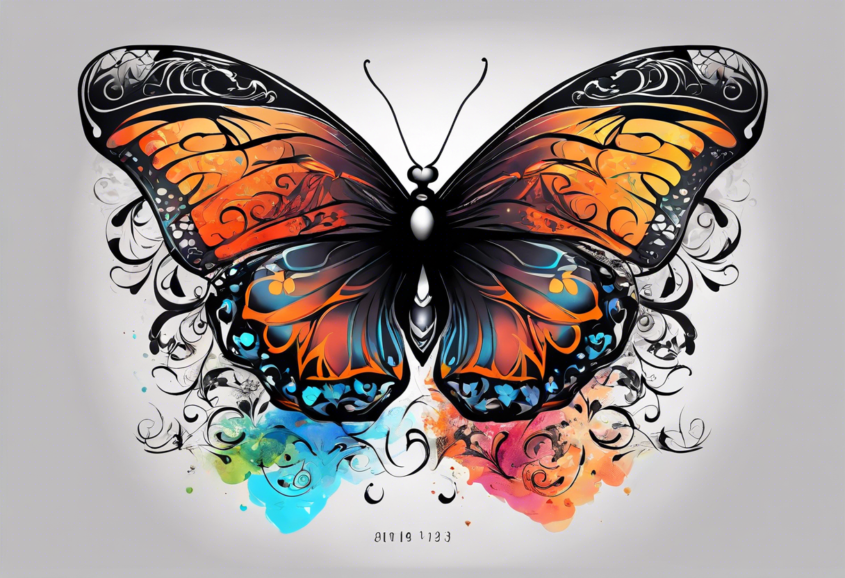 butterfly with one wing black scribbles, the other wing beautiful and colorful, the body has the date 1.9.2023 and the words written "I chose to live." tattoo idea