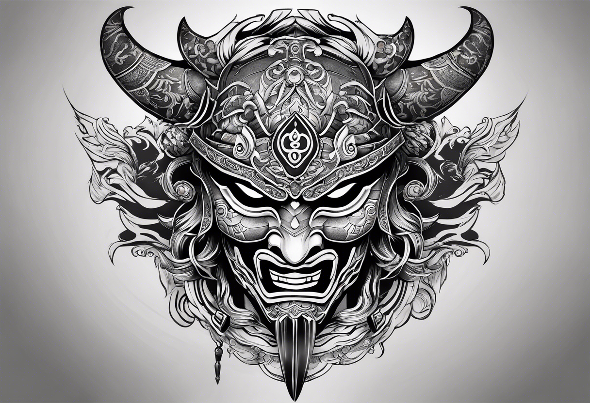 hanya mask on the shoulder, mask from ghost of Tsushima, hanya mask with three eyes, mask symbol of freedom and calmness tattoo idea