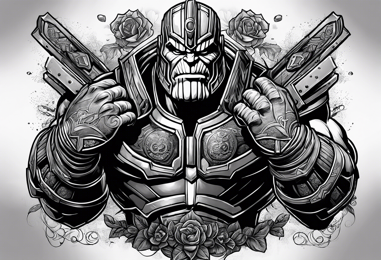 Thanos with gauntlet and quote that says “dread it. Run from it. Destiny arrives all the same” tattoo idea