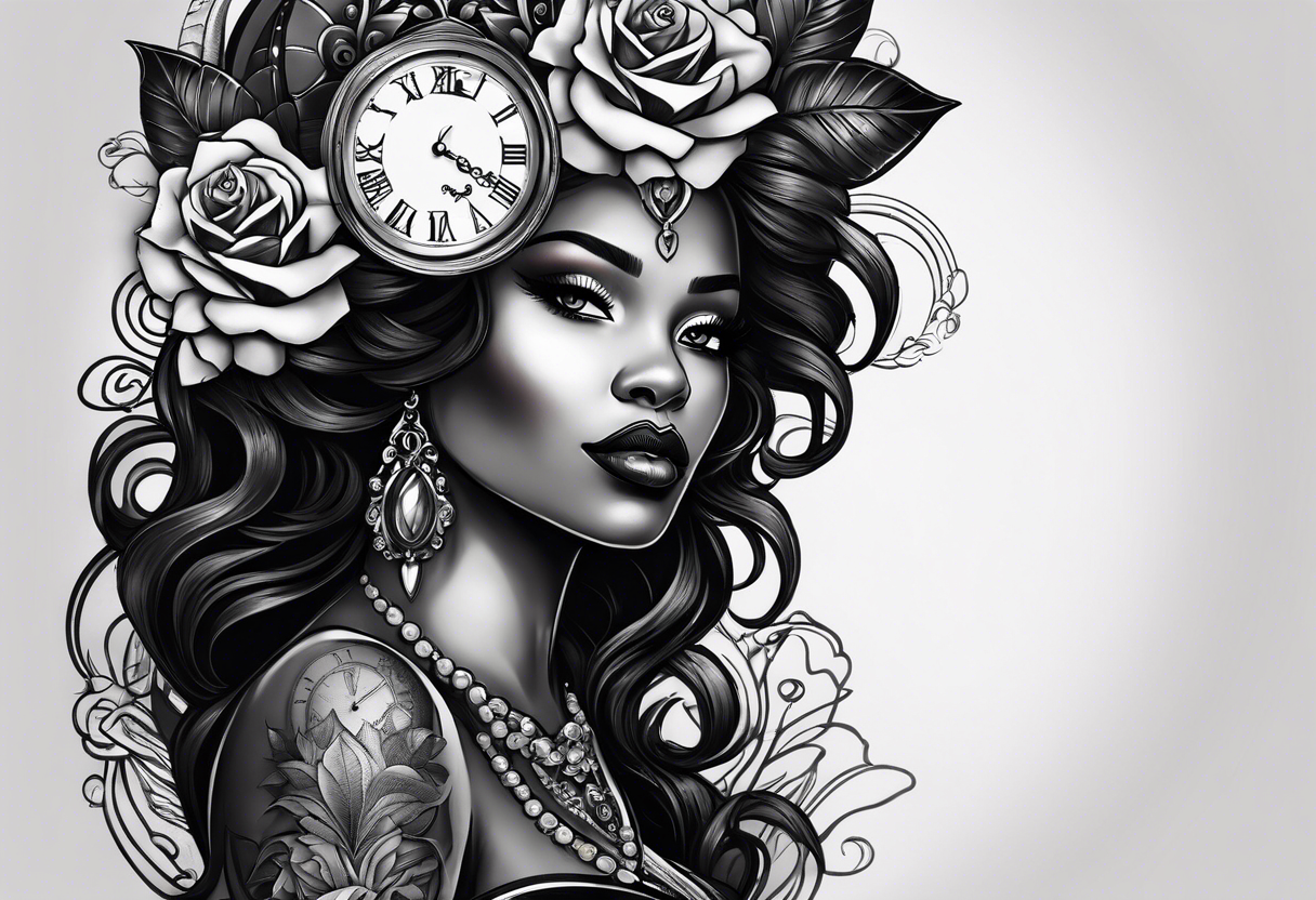 A feminine arm sleeve with a black African witchy queen woman with no eyes, a granddaddy clock with roses. tattoo idea