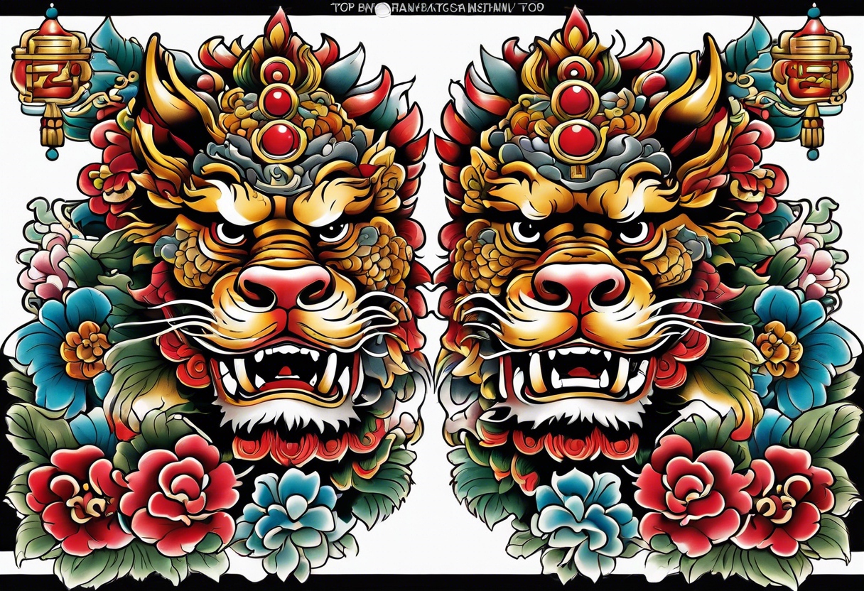 Pair of Okinawa shisa on chest. 1980s Yakuza style tattoo idea