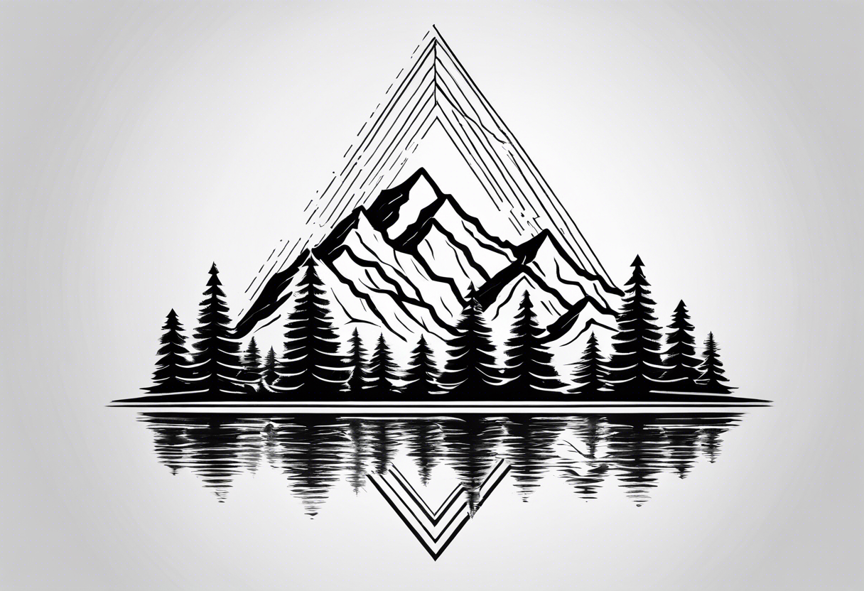 Black line tattoo with three different sizes triangles forming a mountain range with three trees tattoo idea