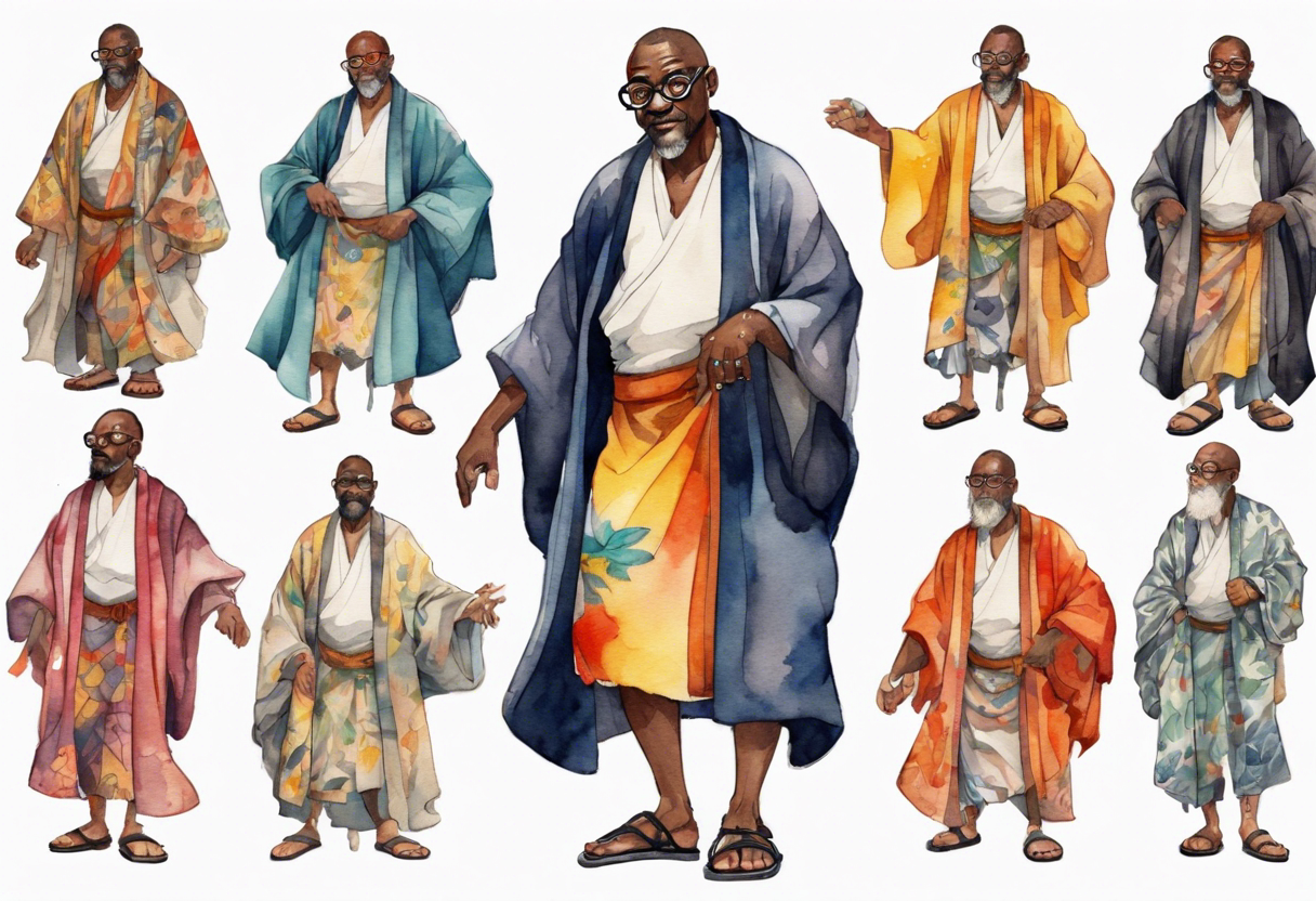 a middle-aged medieval black man wearing round glasses, wearing colorful robe, wearing sandals tattoo idea