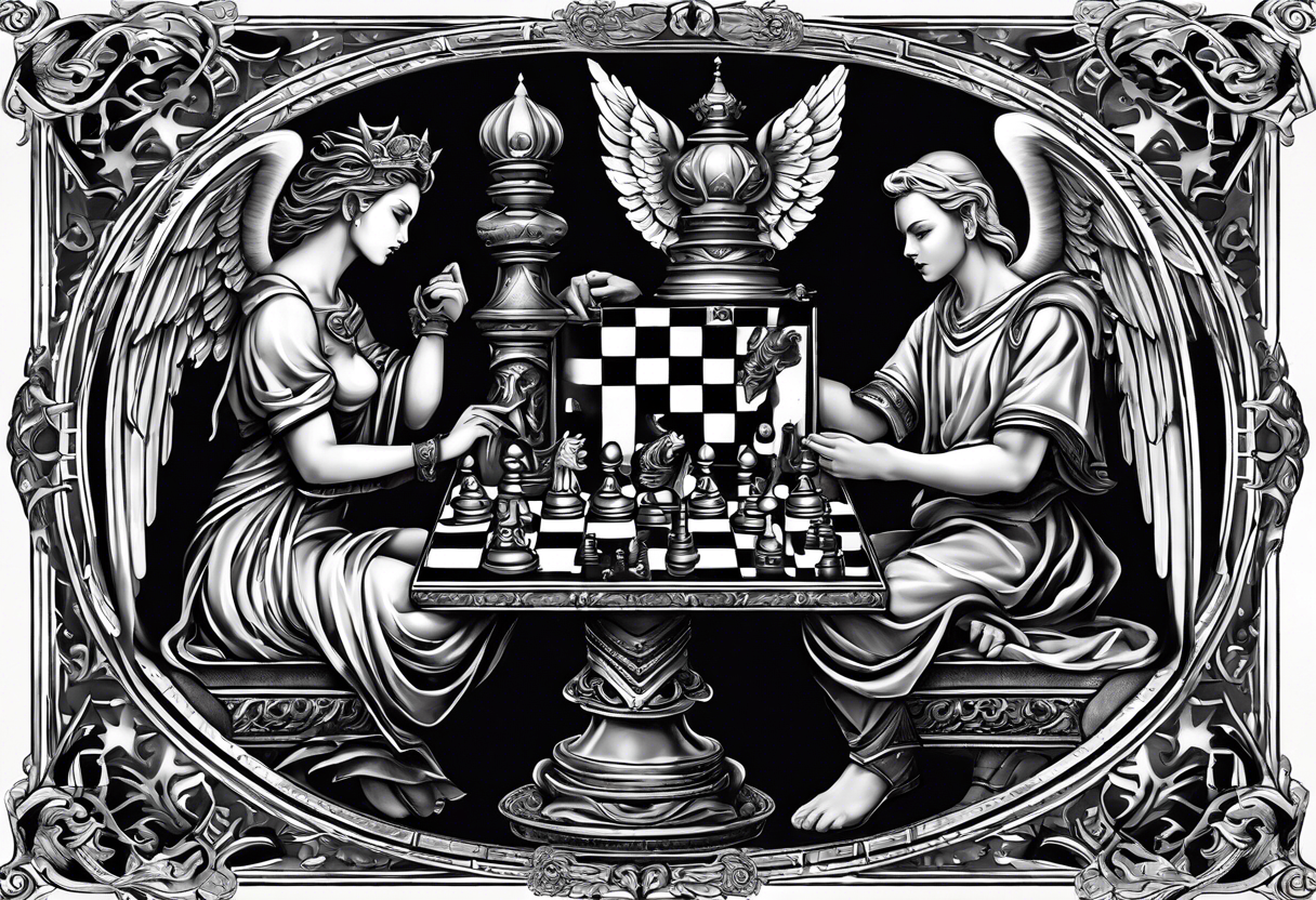 Depict an angel and devil engaged in a chess game, with the chessboard reflecting the cosmic battleground between good and evil, symbolizing the strategic nature of the eternal conflict. tattoo idea