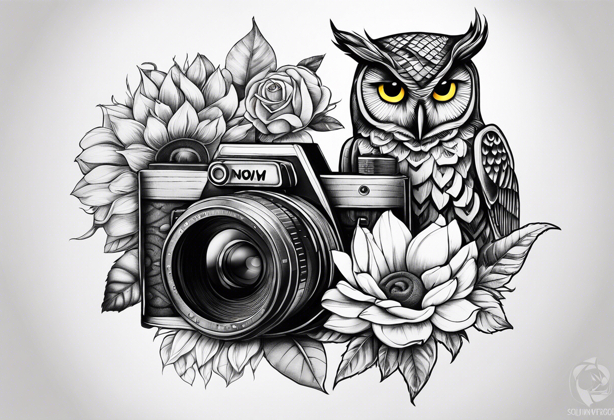 Sunflower, camera, book, owl, flower rose tattoo idea