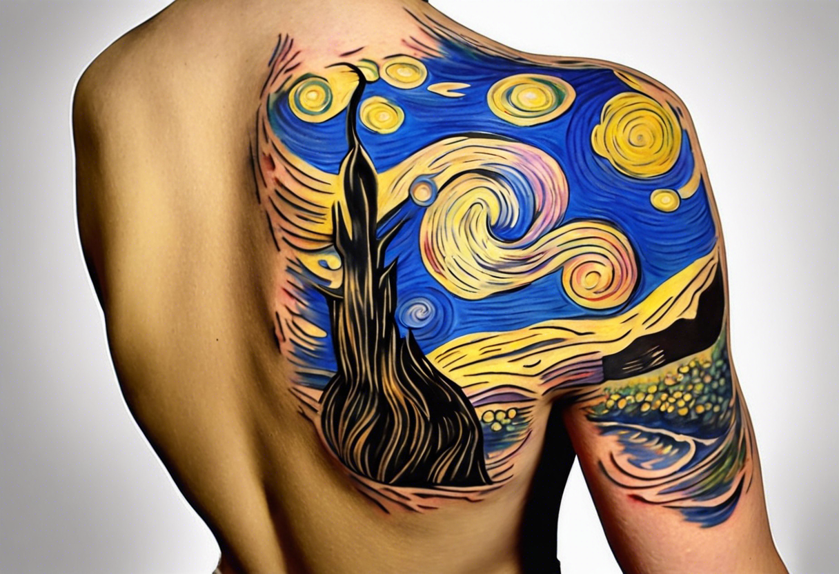 Create a colorful Vincent van Gogh's tattoo The intended placement is on the upper chest. The overall design should be small in size while maintaining a delicate and artistic aesthetic. tattoo idea