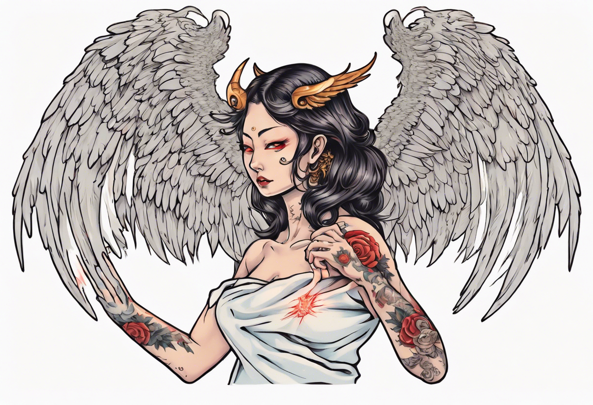 Demon holding an angel around her waist with her halo in his hands. He has angel wings, she has demon wings. tattoo idea