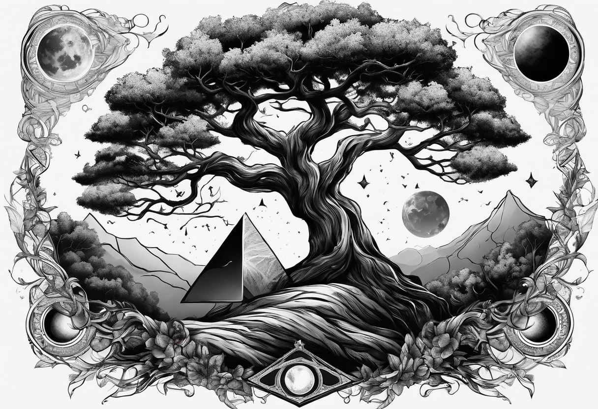 tree growing from book with branches containing triangle portals to other worlds tattoo idea