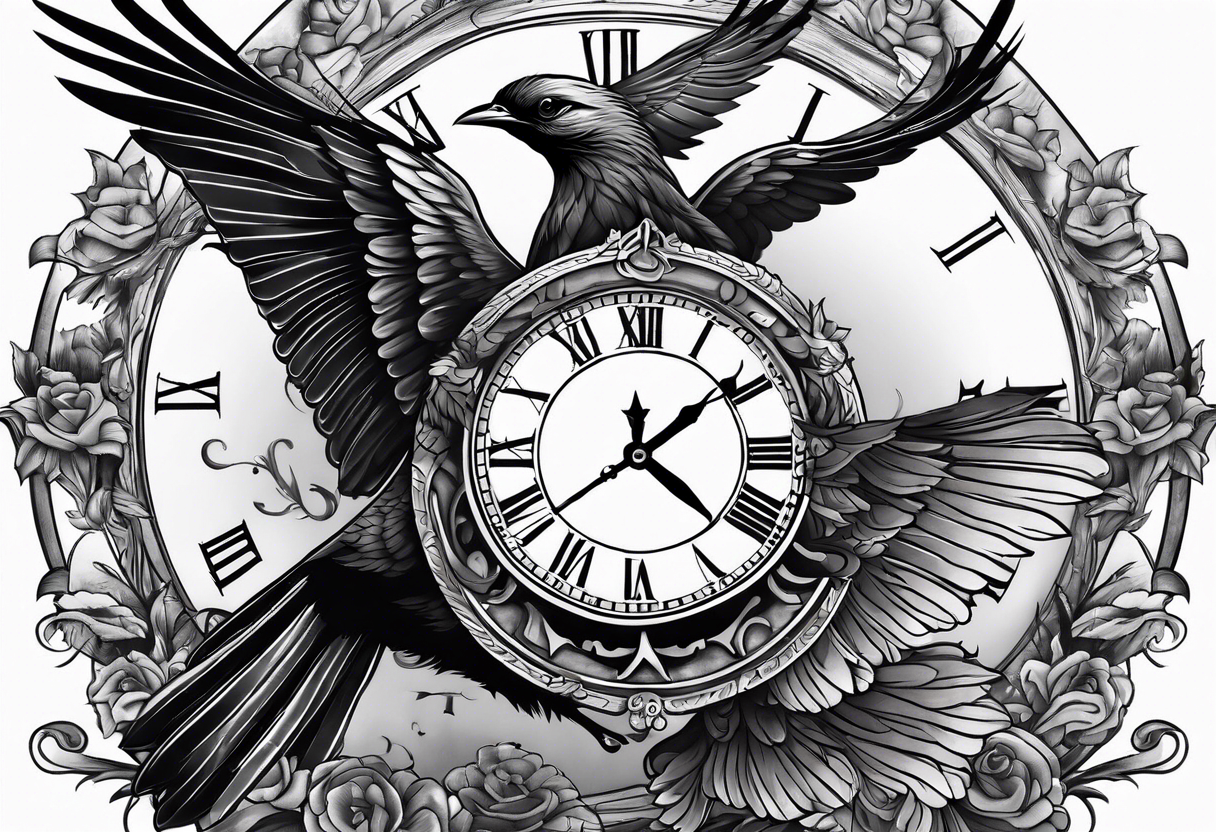 Man with pistol bird flying below and clock below bird tattoo idea