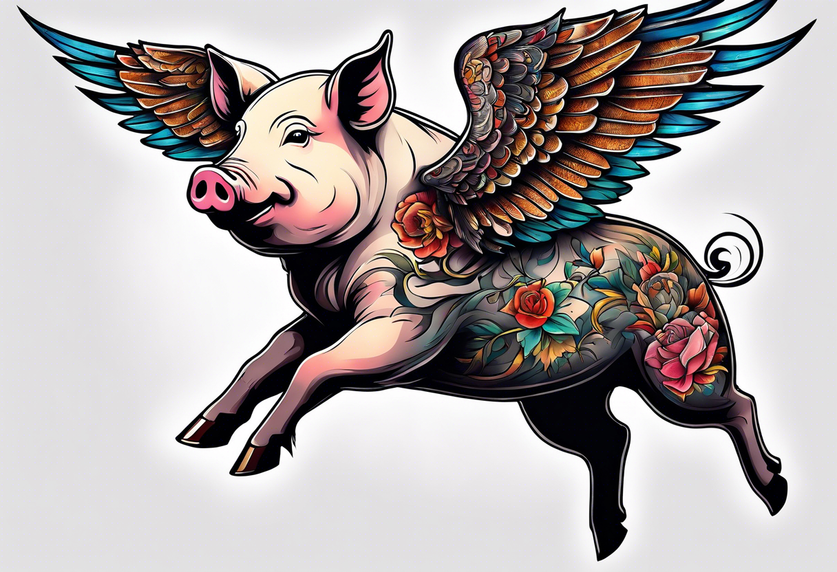 pig flying away from giant eagle tattoo idea