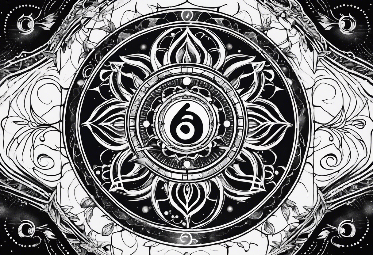 engineering and nature revolving around solar system with OM symbol in the center tattoo idea