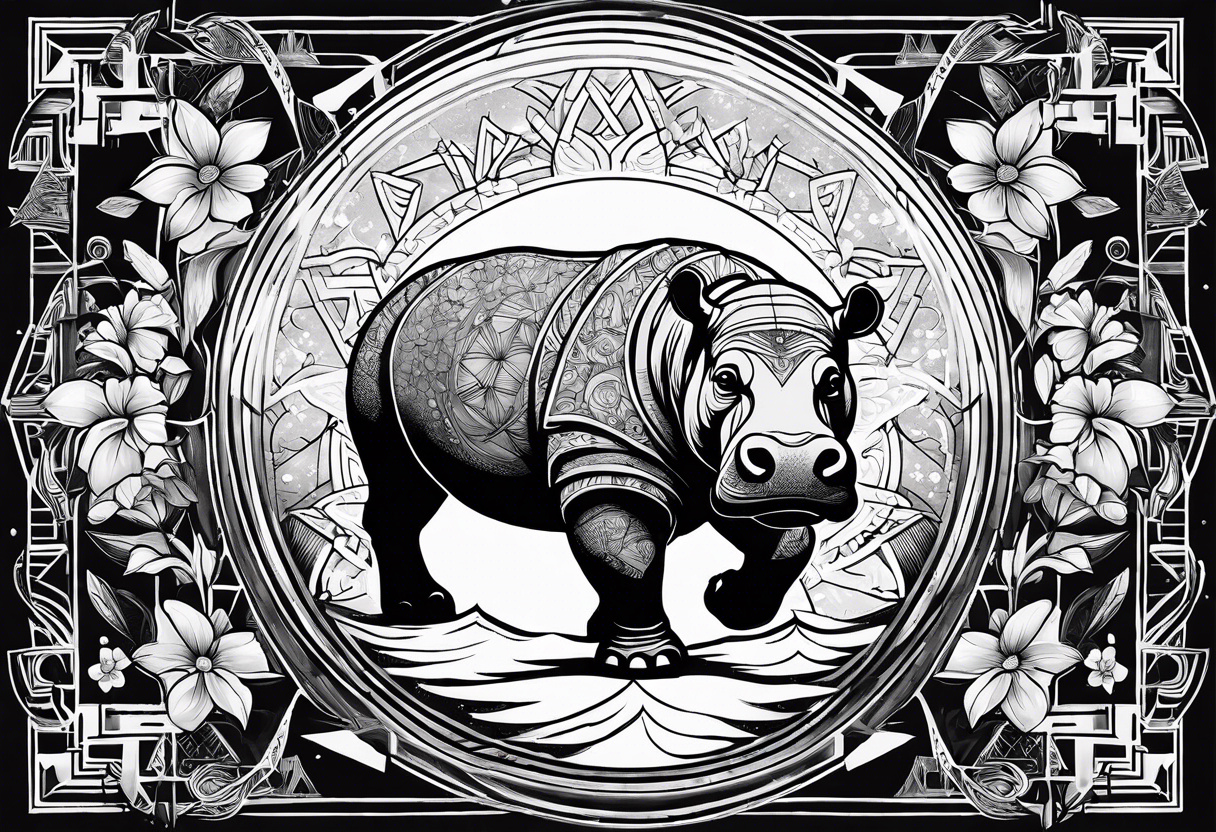 Hippo, flowers, moon, interstella , artic surreal, 
Extreme fine lines, +tribal, +geometric, develop from my favourites tattoo idea