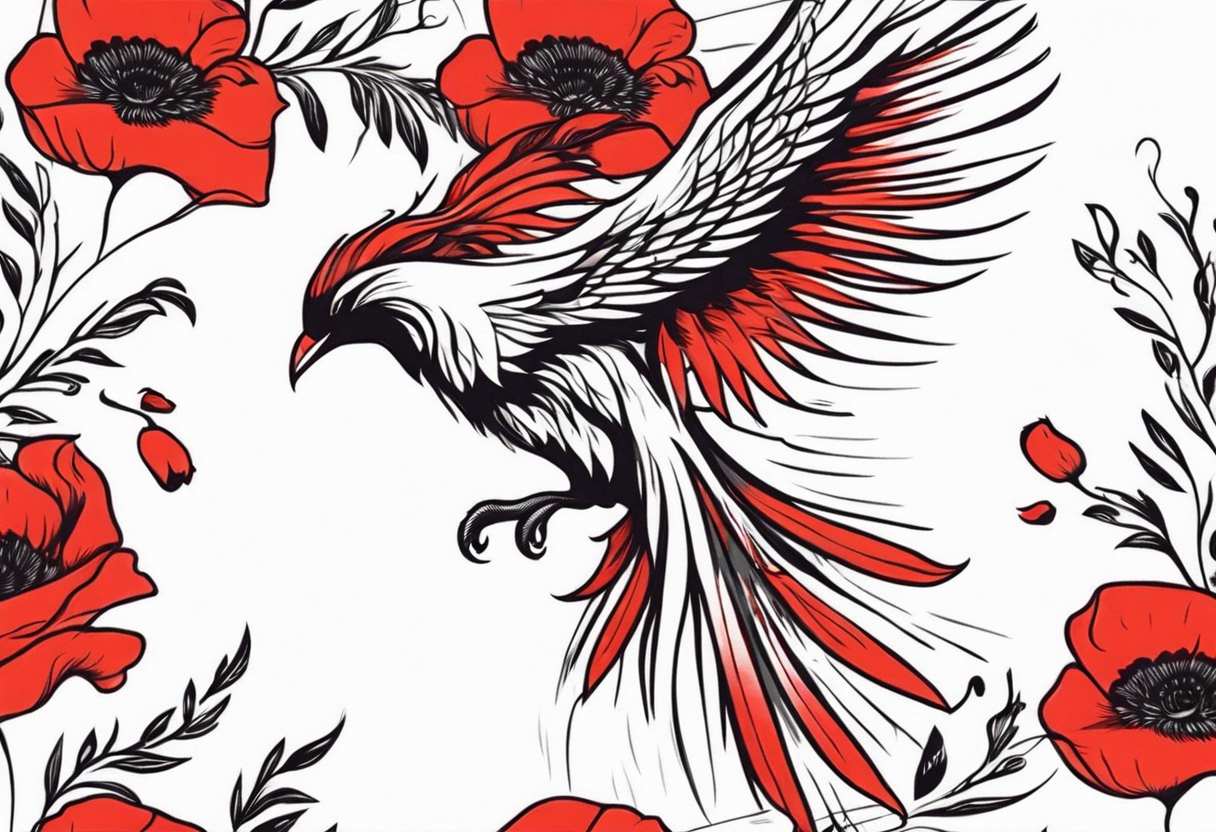 diving pheonix with long feathery tail holding red poppies tattoo idea