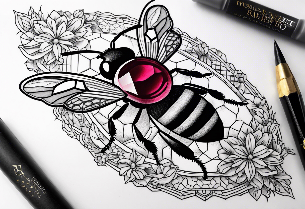 A forearm tattoo of a ruby gemstone and a honey bee tattoo idea