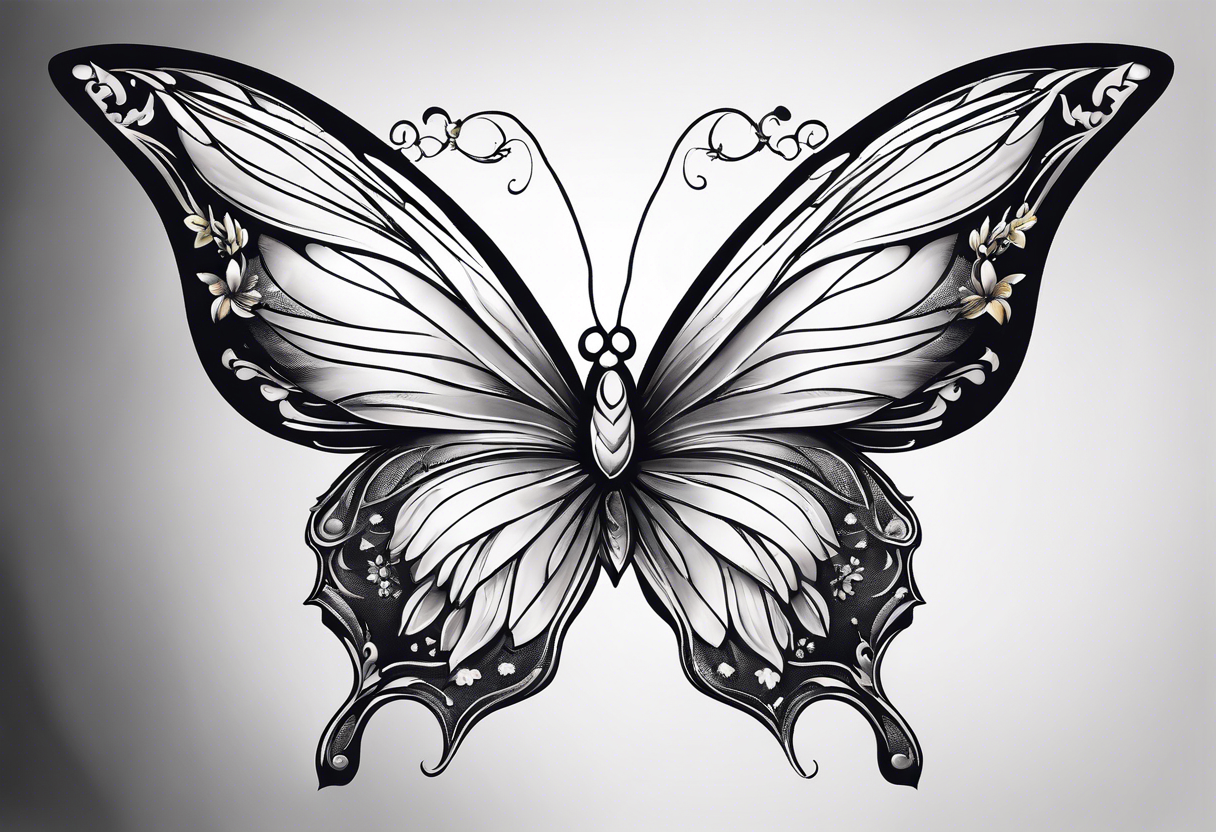 Butterfly with one side of the butterfly wings has angel feathers, the otherside of the butterfly wing shaped out of lily flowers. Add daffodil and daisy’s around the top and bottom tattoo idea