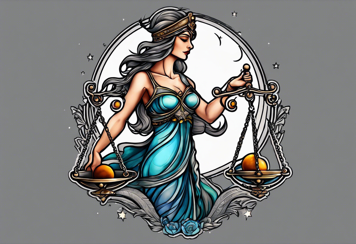 Themis holding the scales of justice while blindfolded with a moon in the background in color tattoo idea