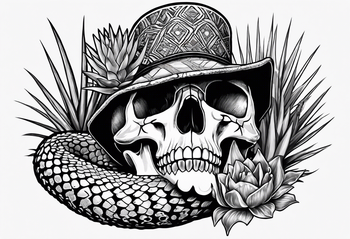 Western diamond back rattlesnake coming through a skull located in the desert with agave plants and scorpions tattoo idea