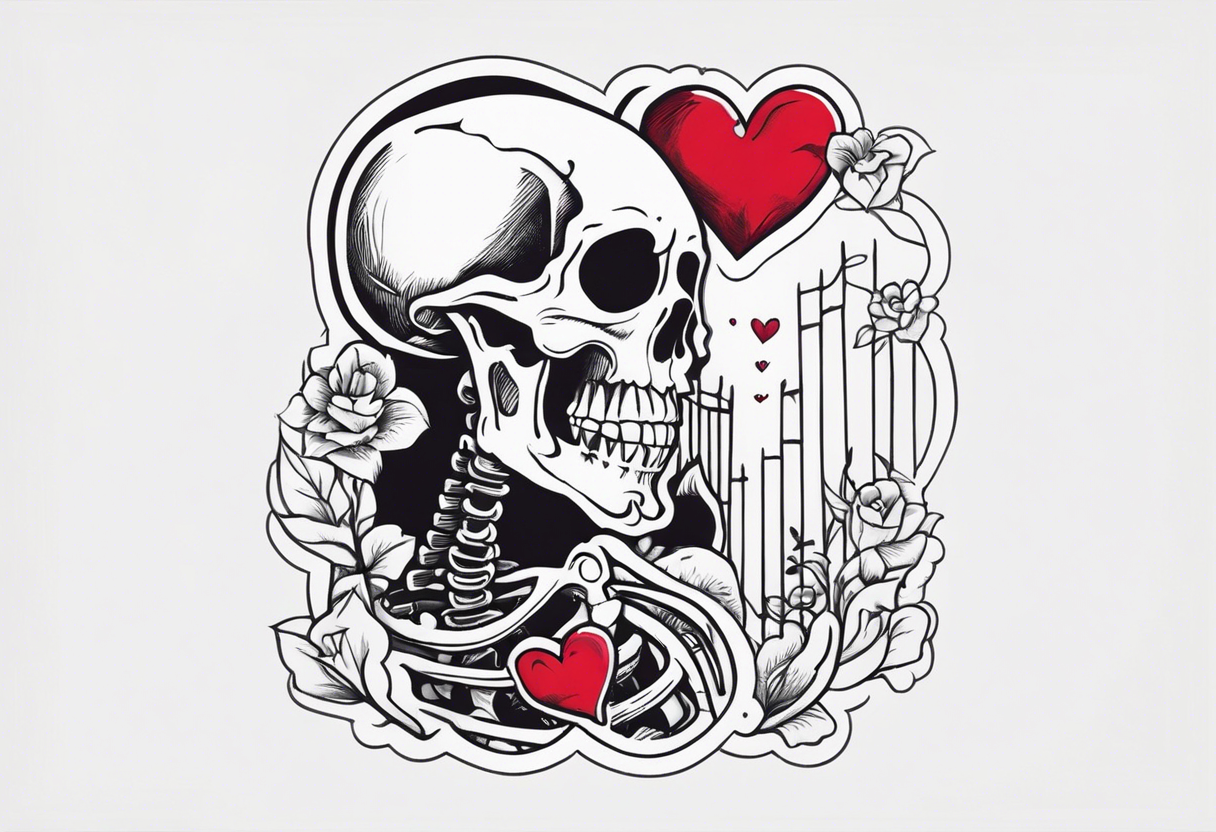 One skeleton with eyes in the shape of hearts, one skeleton sitting tattoo idea