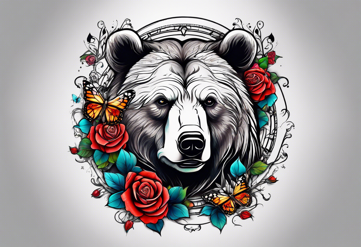 Bear under the tree of life with multicolor roses and three butterflies for an upper arm tattoo. tattoo idea