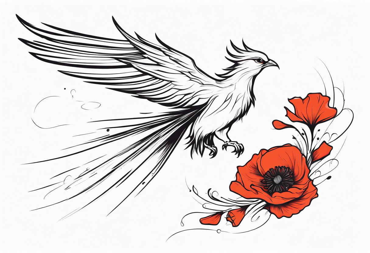 elongated phoenix in flight 
in profile long tail with claws holding poppies falling tattoo idea