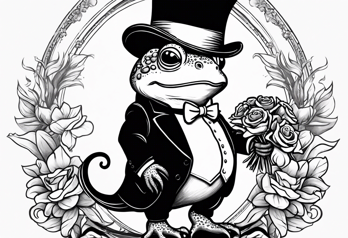 Cute toad standing on back legs  in a top hat and a formal suit holding flowers to go on a date tattoo idea