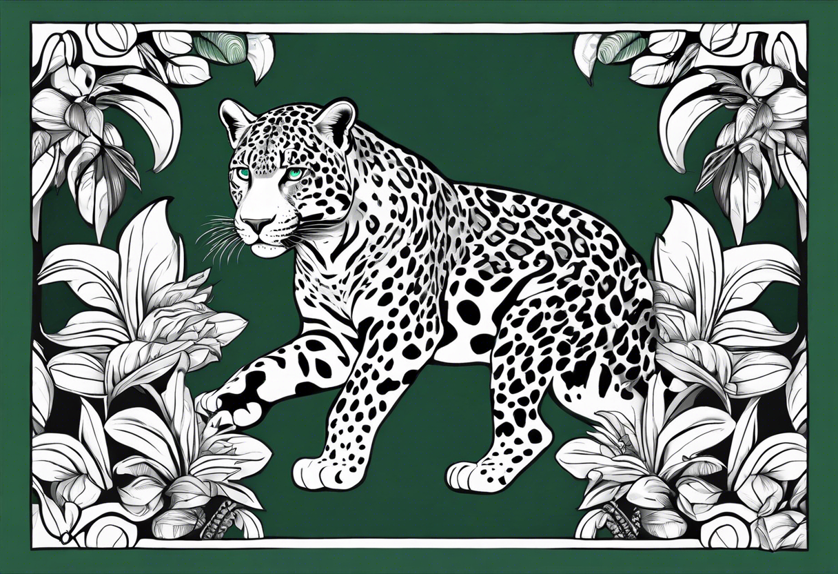 Create and black and grey realistic jaguar walking toward you with rainforest background for a forearm tattoo. Have the jaguars eye colored with emerald green and mouth open tattoo idea