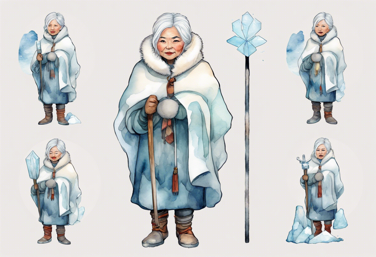 a middle aged Inuit woman with white hair, wearing mittens, mukluks, and a white cloak. Holding a white staff. Standing on an iceberg alone tattoo idea