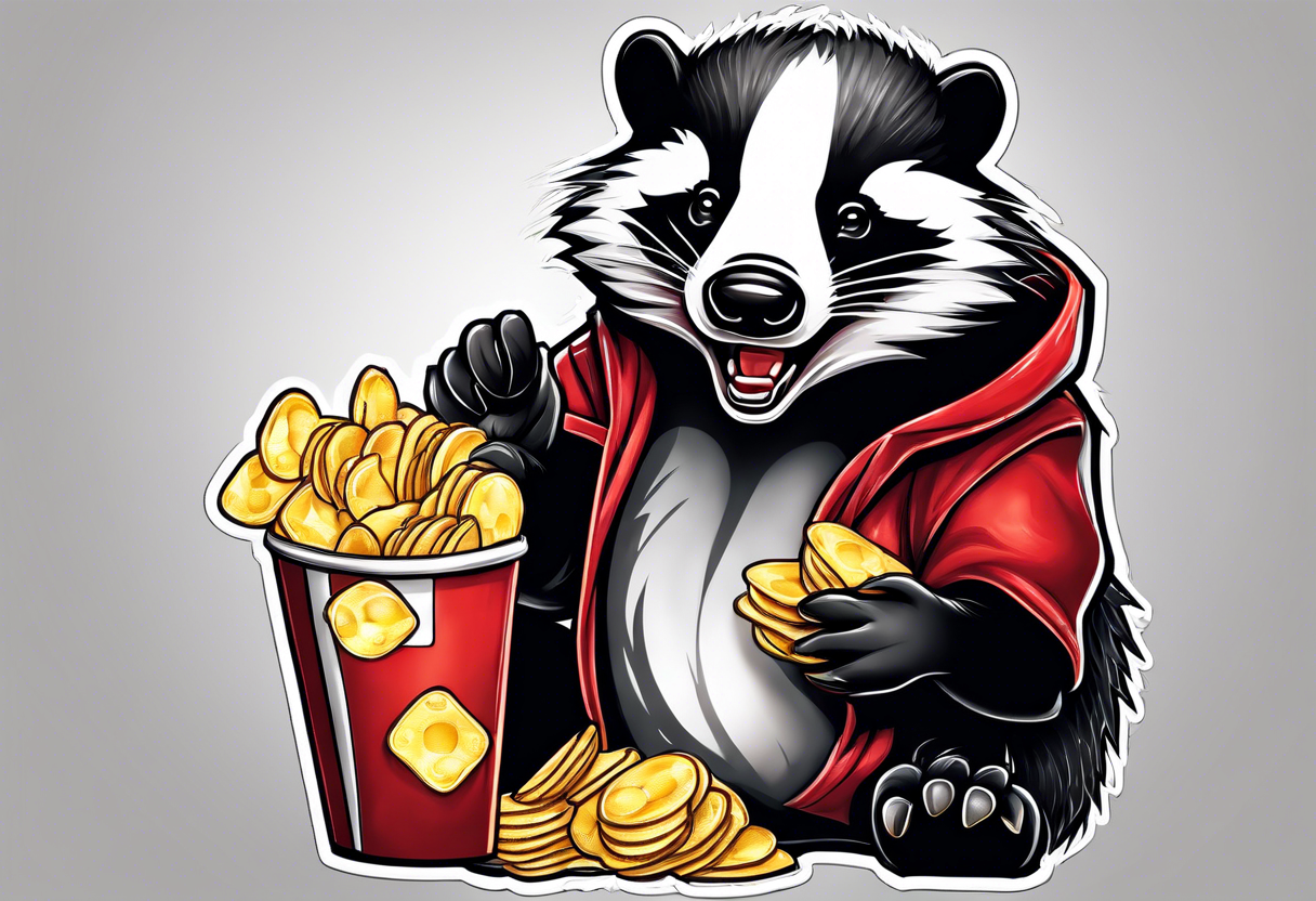 Angry badger with mouth open holding bag of chips tattoo idea