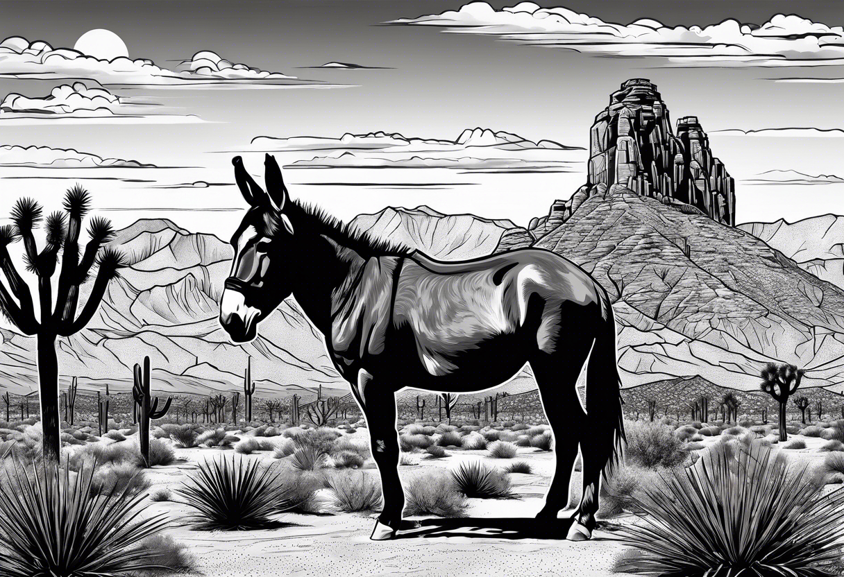 Desert mountain with a donkey and a Joshua tree. Keep gladiator in the background tattoo idea