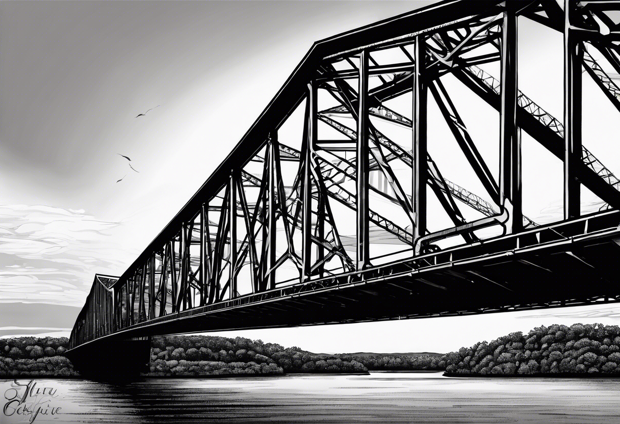 simple line art, view from under steel truss cantilever bridge tattoo idea