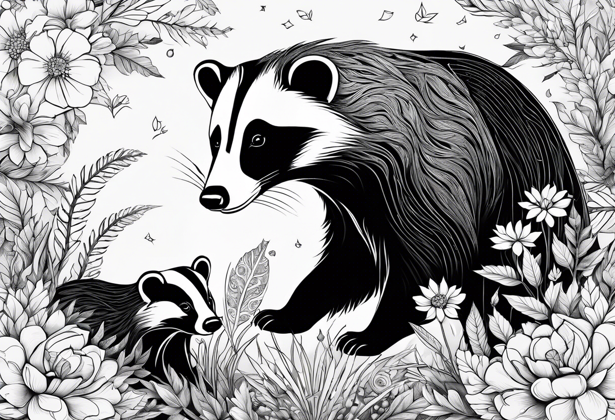 A badger with a cub in a field of flowers, including a cannabis leaf realistic in center and getting more trippy and black towards the edges spirals included tattoo idea