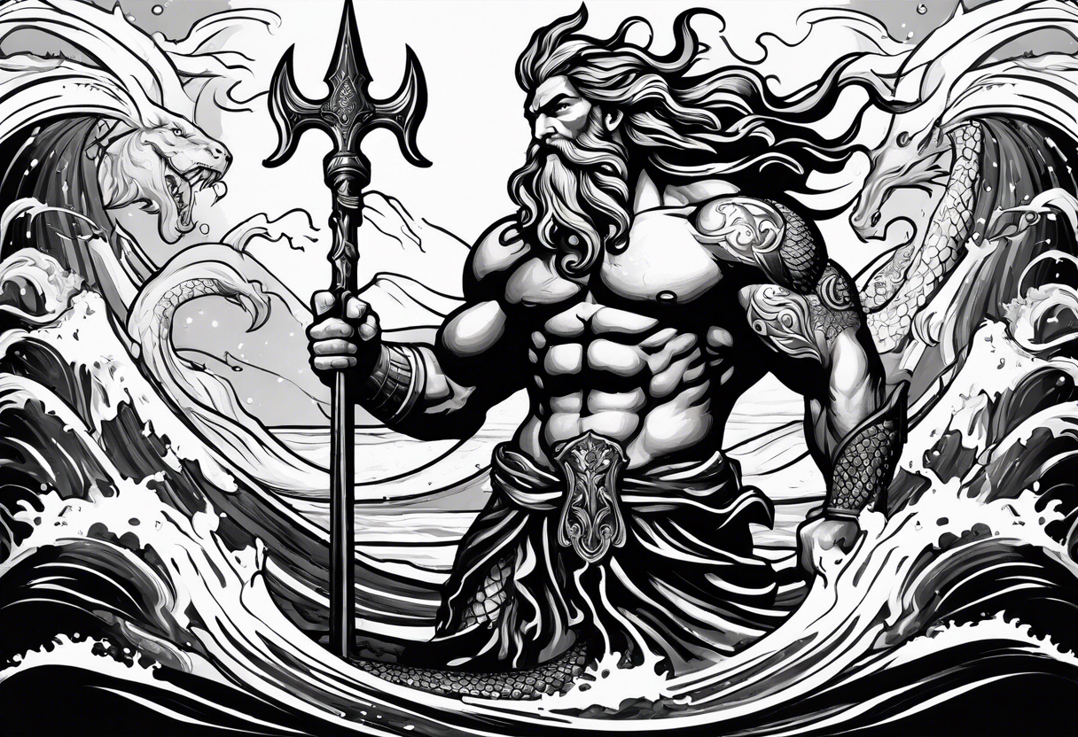 Poseidon holding a trident in stormy water surrounded by sirens and a sea serpent tattoo idea